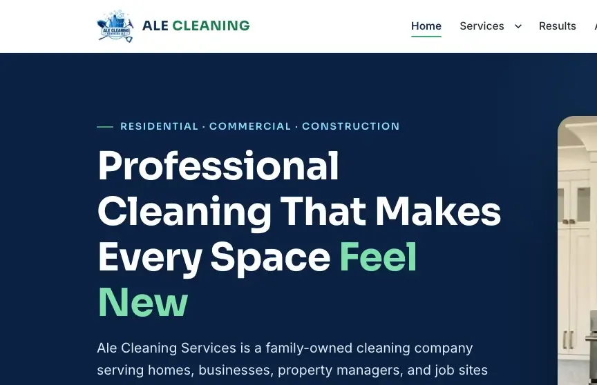 Página principal del sitio de Ale Cleaning Services.